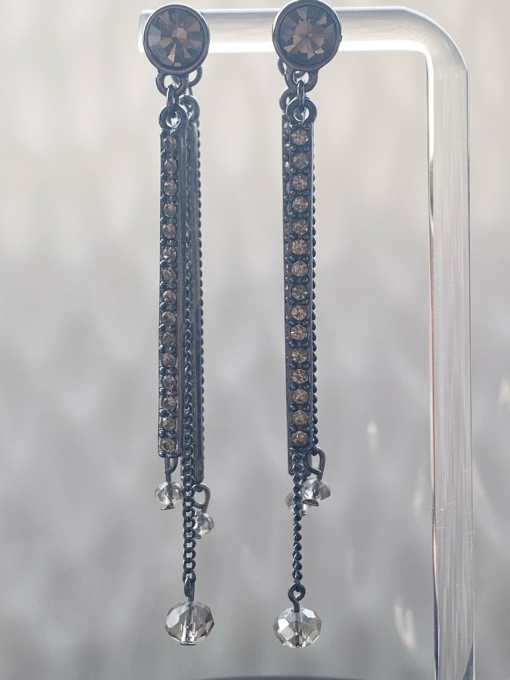 Gunmetal Dangle Gray Crystal Drop Earrings - Picture 3 of 7